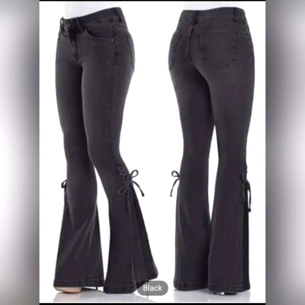 Women's Black Bell Bottom Stretchy Jeans with Lace-Up Bottoms